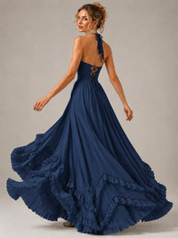 Halter V Neck Chiffon Formal Dress with Lace-Up Back and Ruffle Hem