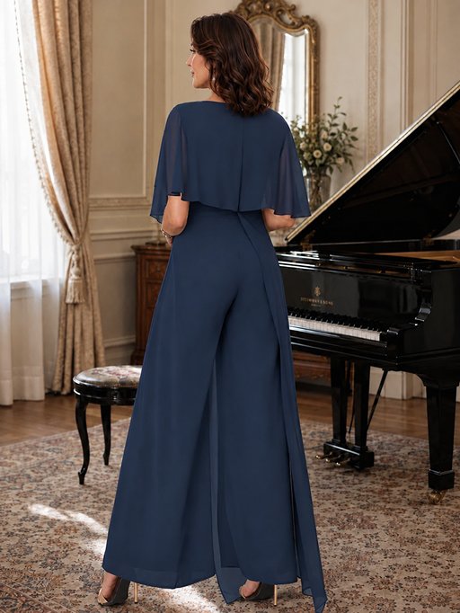Chiffon Mother of the Bride Jumpsuit with Layered Cape Sleeves
