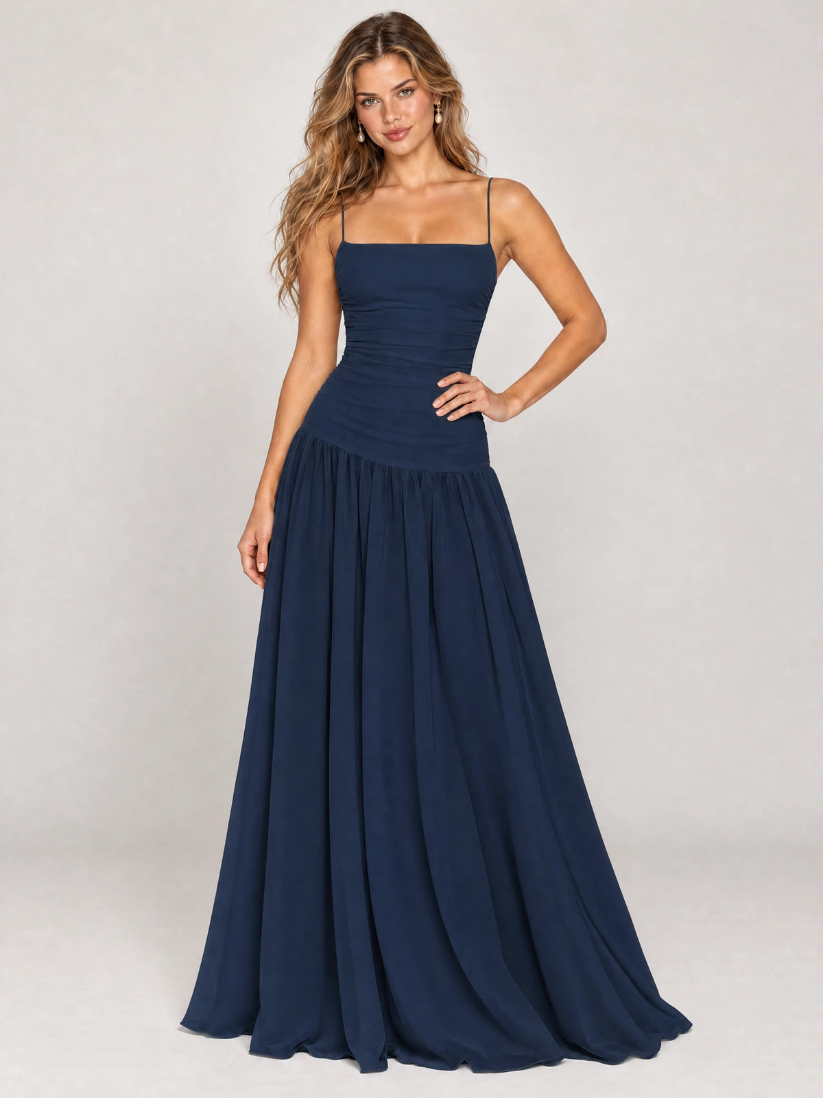 Butter Yellow Ruched Spaghetti Strap Drop-Waist Prom Dress