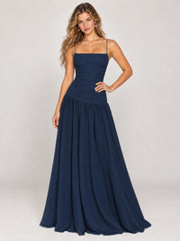 Butter Yellow Ruched Spaghetti Strap Drop-Waist Prom Dress
