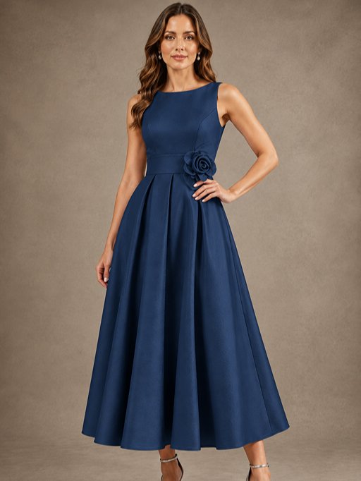 Tea-Length Satin Mother of the Bride Dress with 3D Flower Detail