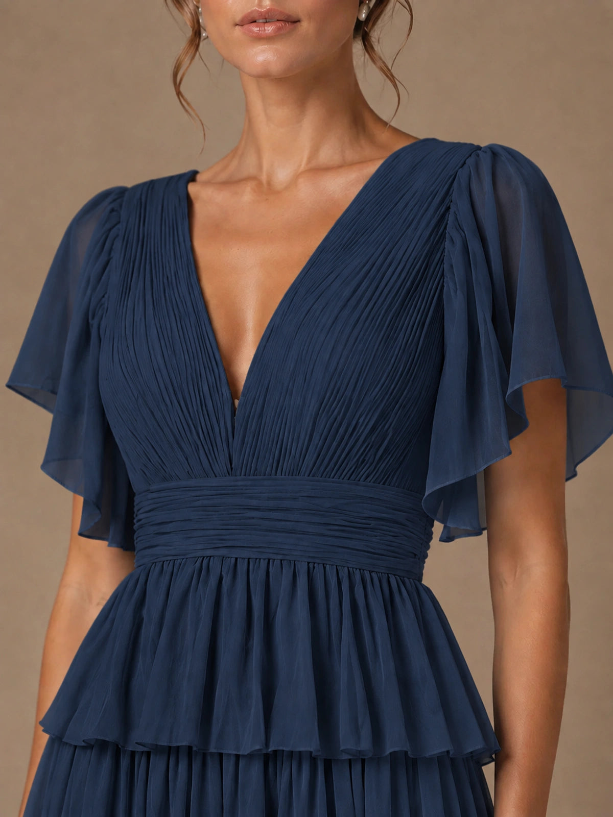 Chiffon V-Neck Tiered Ruffle Bridesmaid Dress with Slit