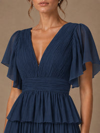Chiffon V-Neck Tiered Ruffle Bridesmaid Dress with Slit