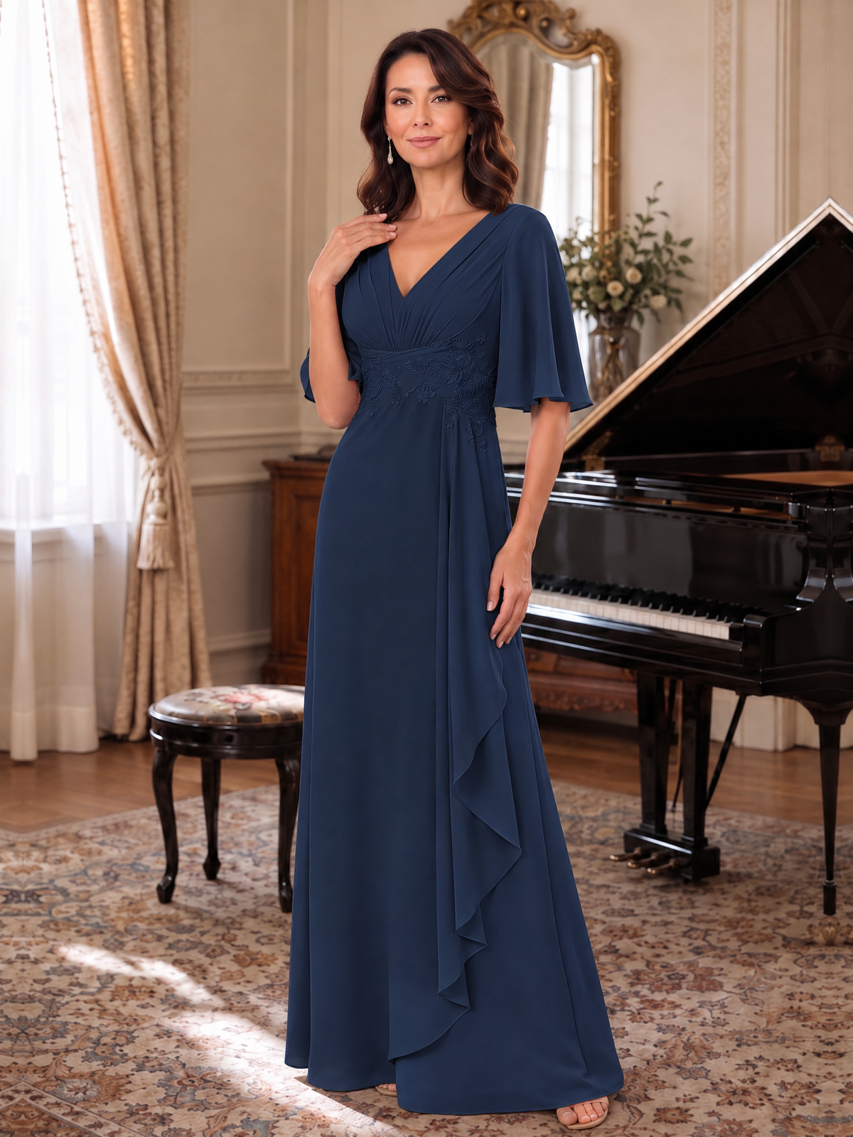 V-Neck Chiffon Lace Mother of the Bride Dresses