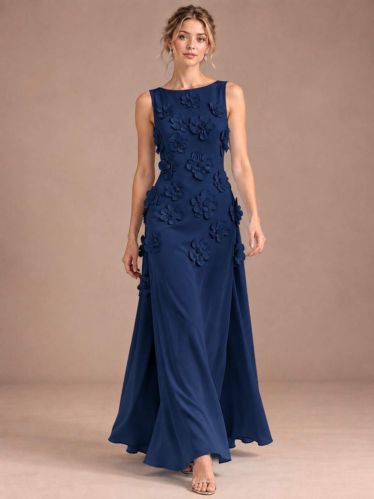 3D Floral Applique Sleeveless Formal Maxi Dress