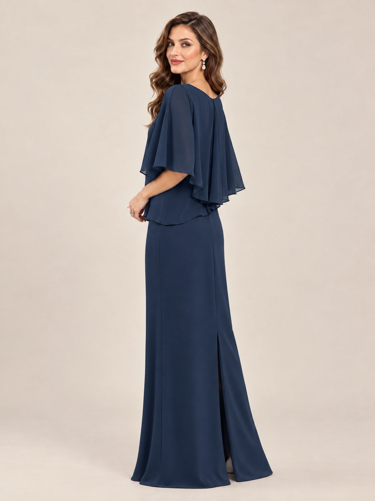 Cape Sleeve Mother of the Bride Dress with Asymmetrical Overlay