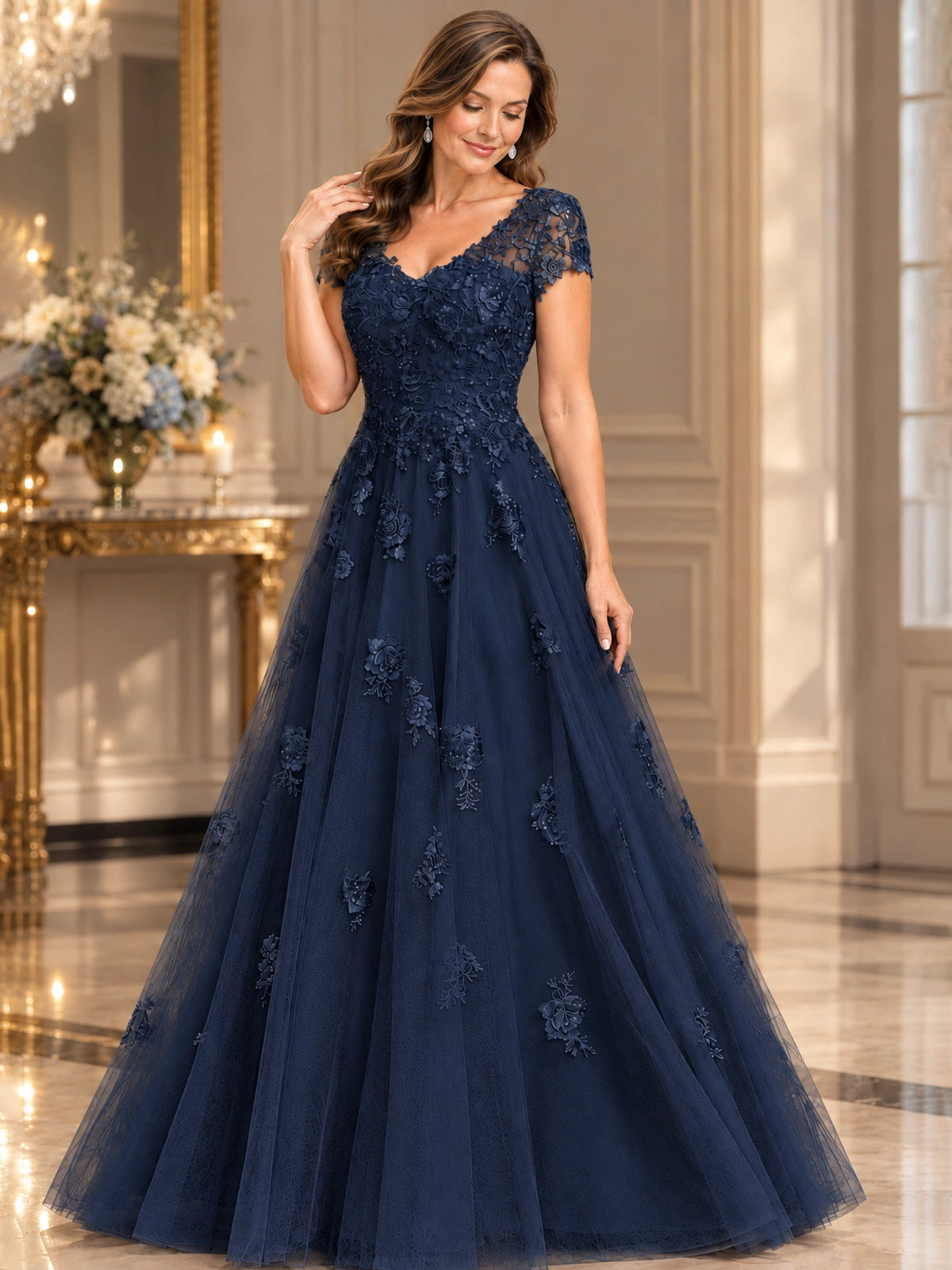 Lace Appliques A-line Mother of The Bride Dresses with Short Sleeves