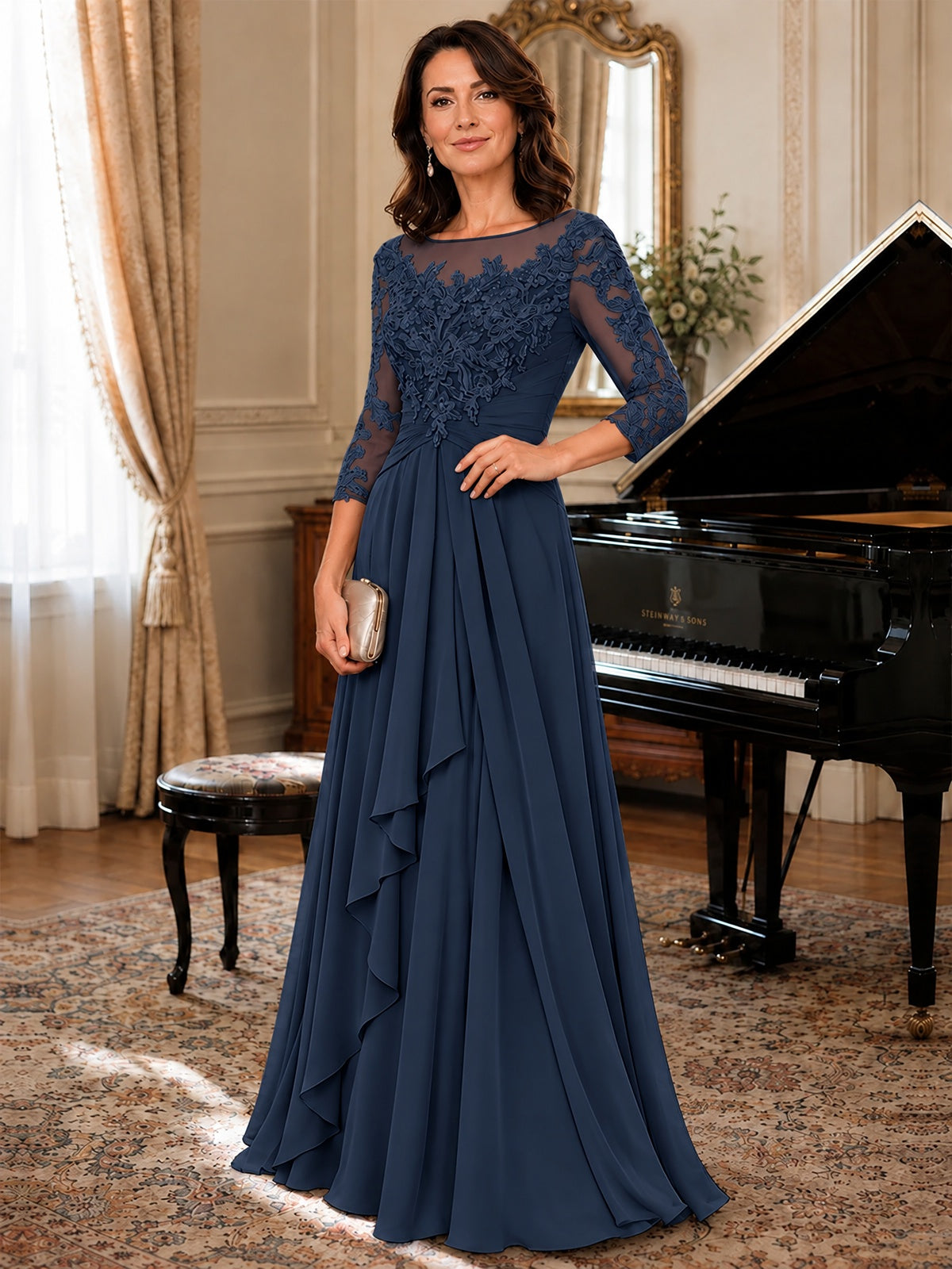 A-Line Chiffon Mother of the Bride Dress with Floral Applique 3/4 Sleeves