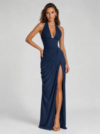 Ruched Halter Neck High-Slit Prom & Evening Dress