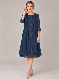 Tea Length Sequin Lace Mother of The Bride Dress with Chiffon Jacket