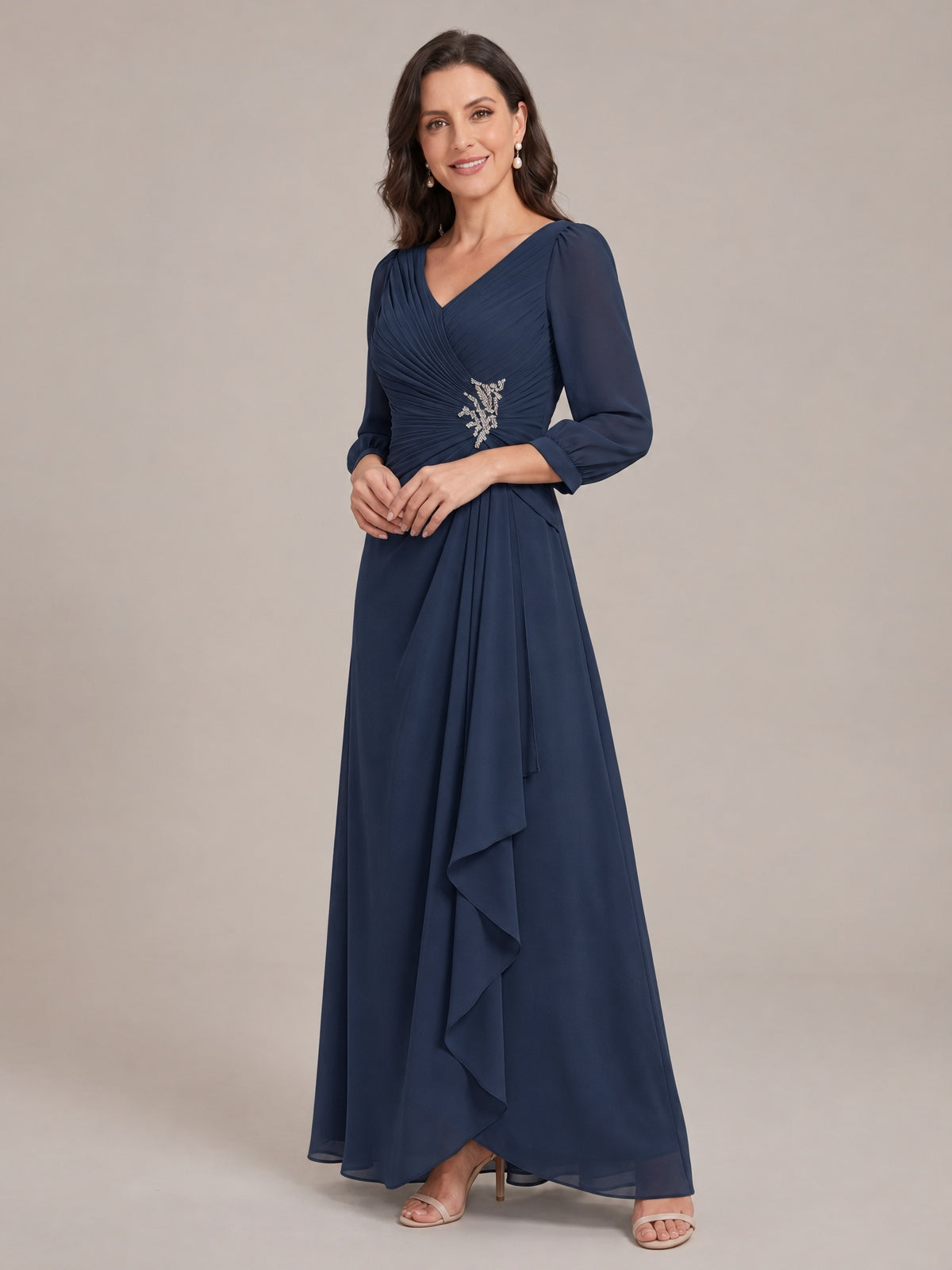 V-Neck Pleated Chiffon Mother of the Bride Dress with Flutter Sleeves