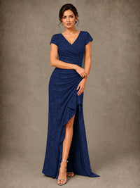 V-Neck Floral Jacquard Mother of the Bride Dress with Slit