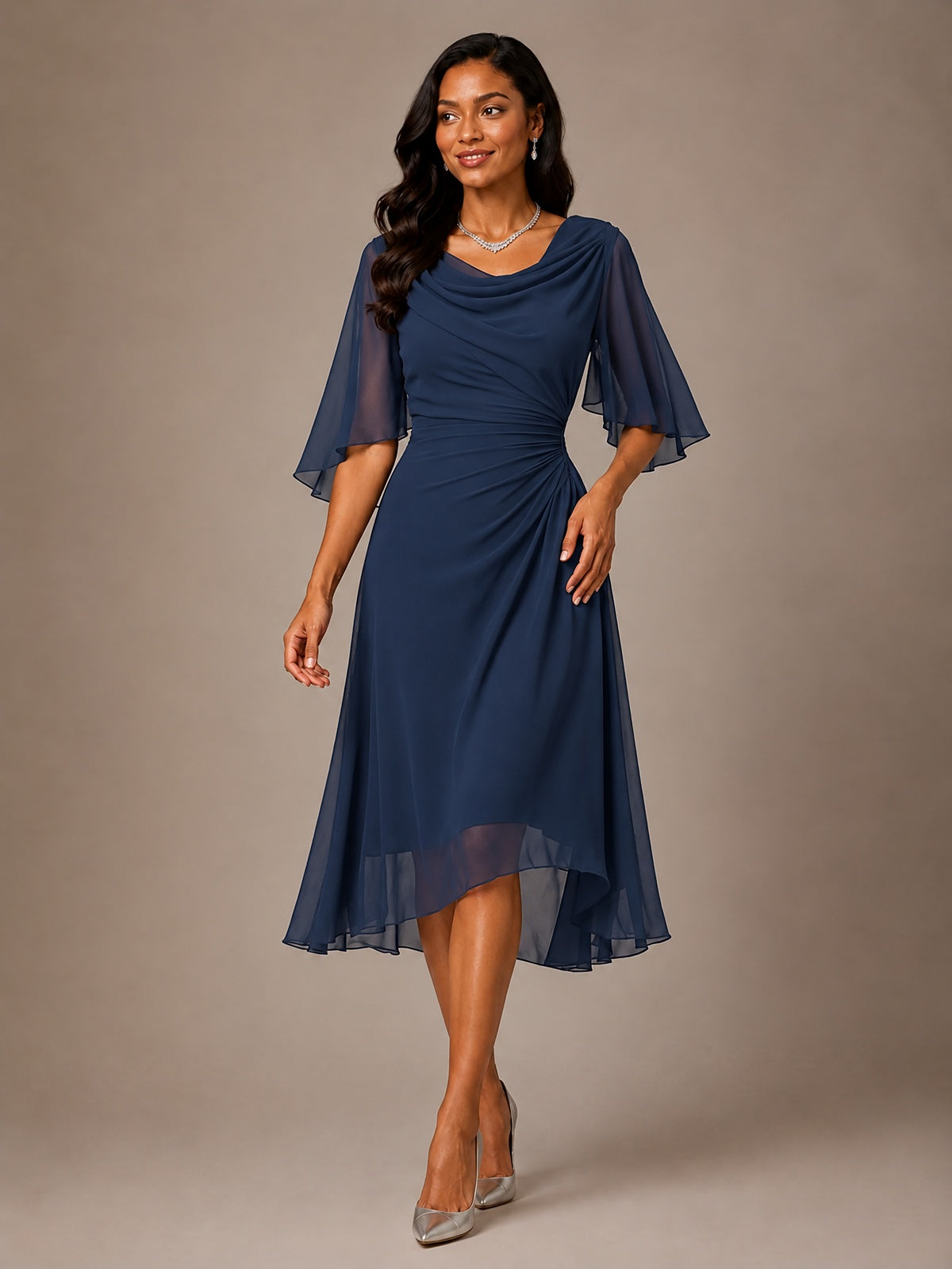 Cowl Neck Ruched Chiffon Mother of the Bride Dresses with Flutter Sleeves