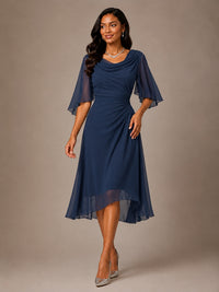 Cowl Neck Ruched Chiffon Mother of the Bride Dresses with Flutter Sleeves