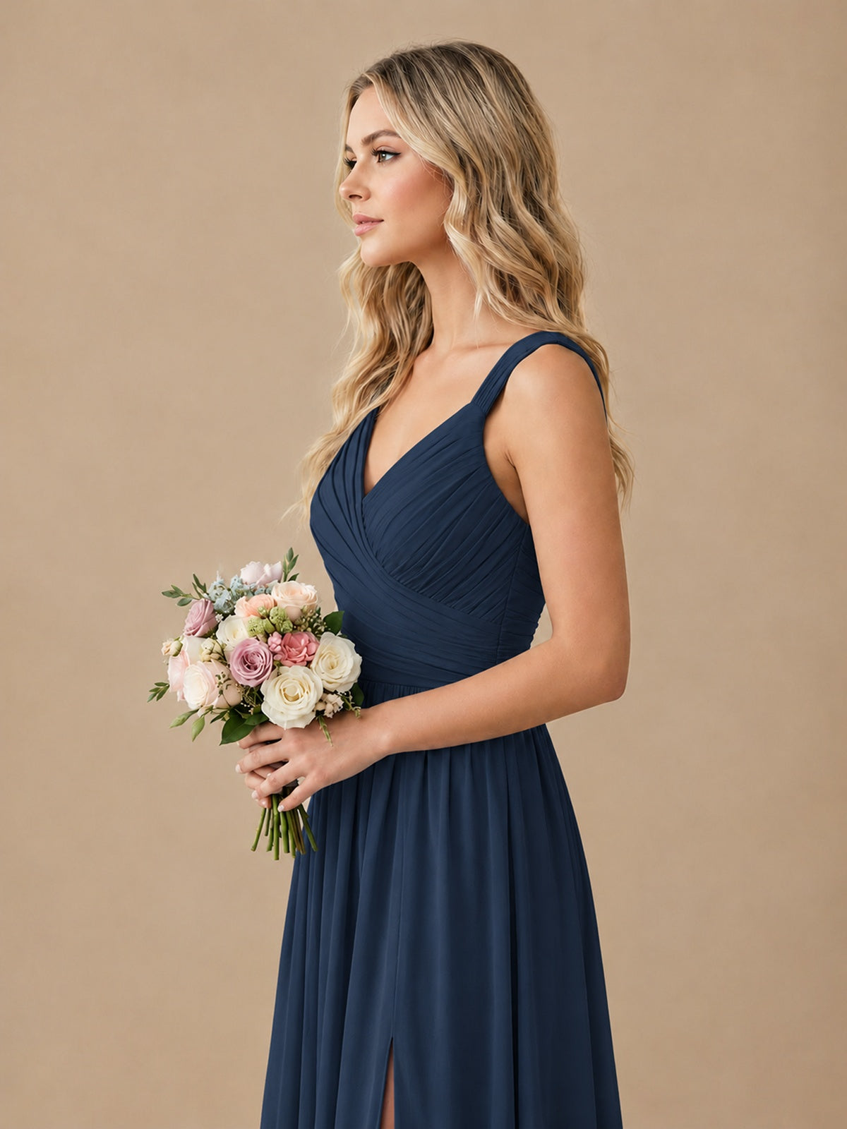 Pleated Chiffon V Neck Wedding Bridesmaid Dresses Floor Length with Slit