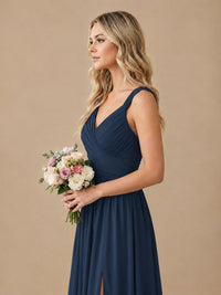 Pleated Chiffon V Neck Wedding Bridesmaid Dresses Floor Length with Slit