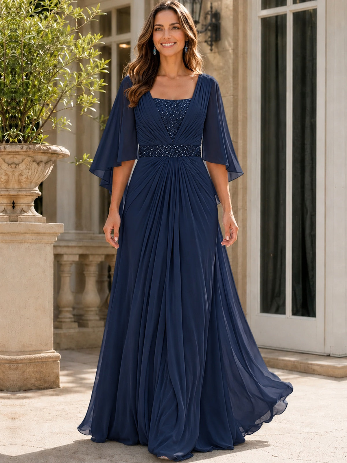 Elegant V-Neck Sequined Chiffon Mother of the Bride Dress with Flutter Sleeves
