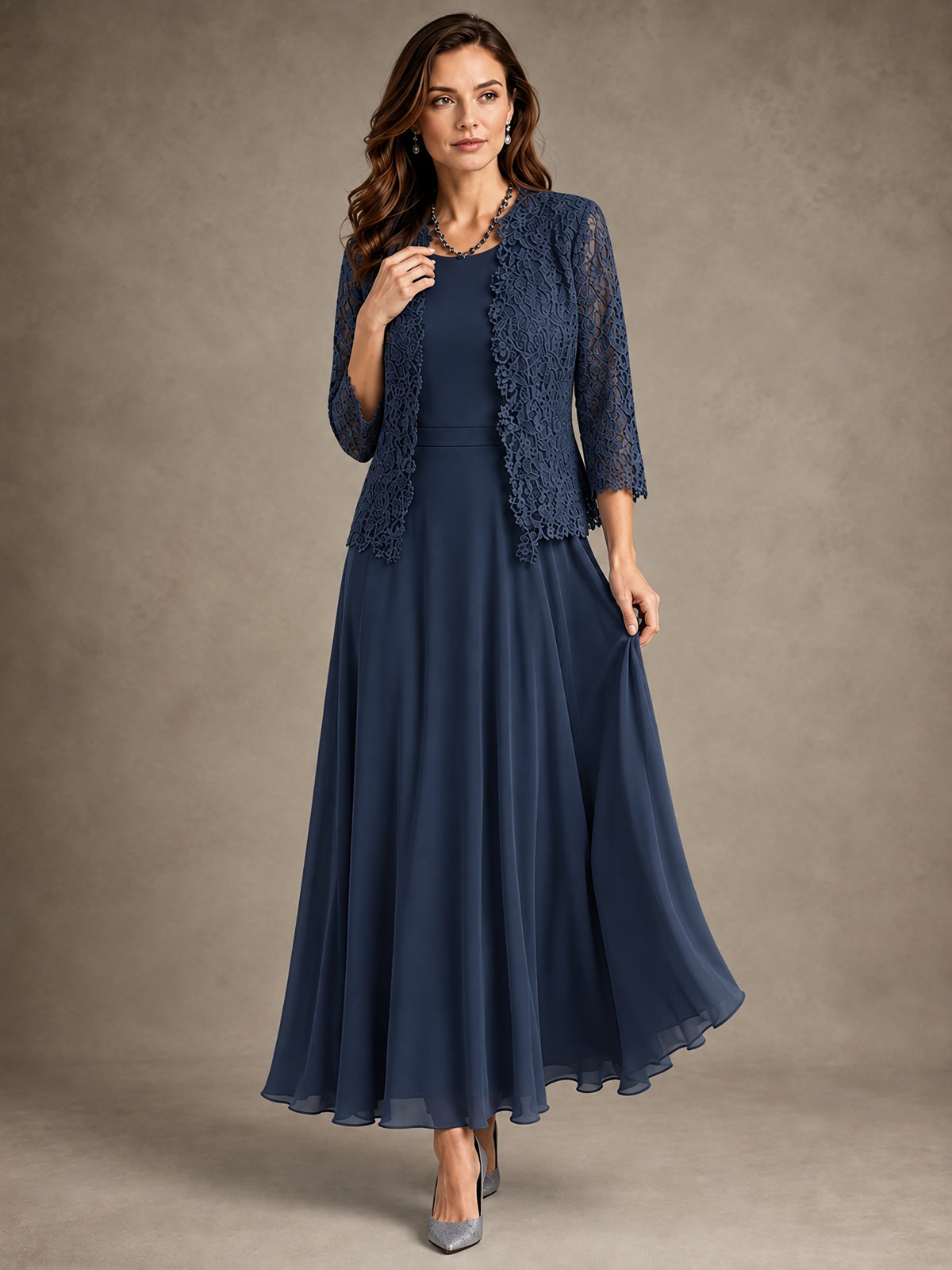 2-Piece Chiffon Mother of the Bride Dress with Lace Jacket