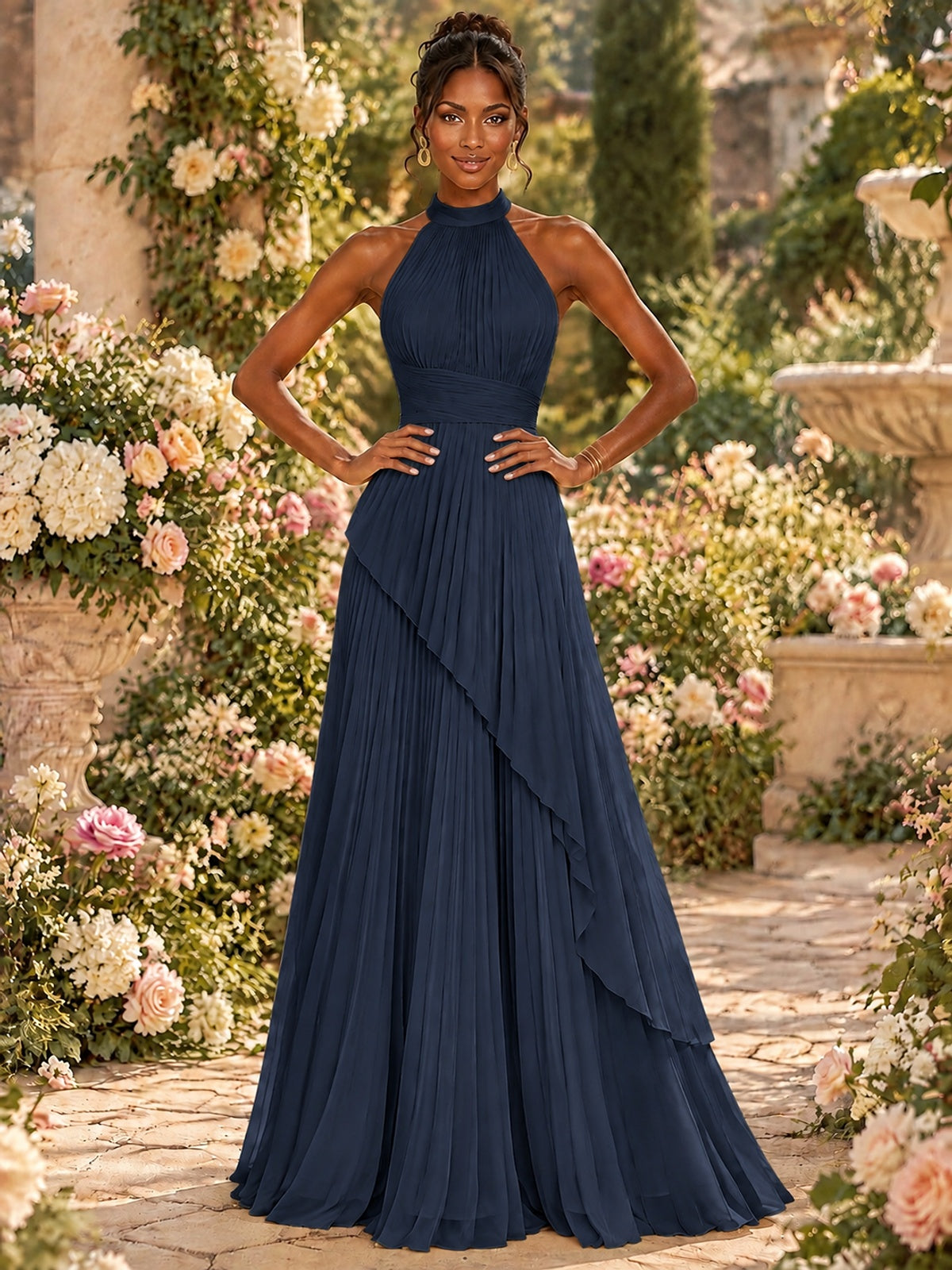 Wrap Pleated Prom Dress Halter A-line Chiffon Formal Wedding Dress