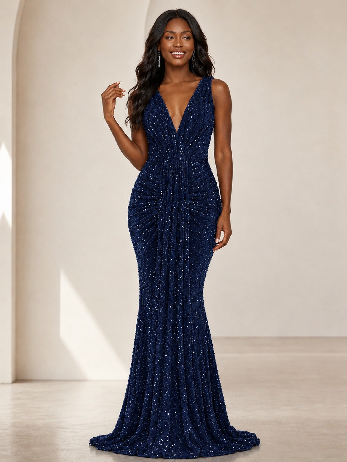 Sequin Mermaid Prom Dress with V-Neck and Ruched Waist