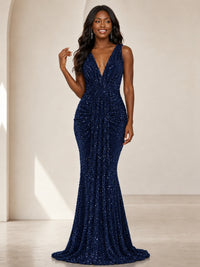 Sequin Mermaid Prom Dress with V-Neck and Ruched Waist