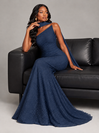 Pleated Chiffon Lace Prom Dresses Long Bodycon Mermaid with Scarf