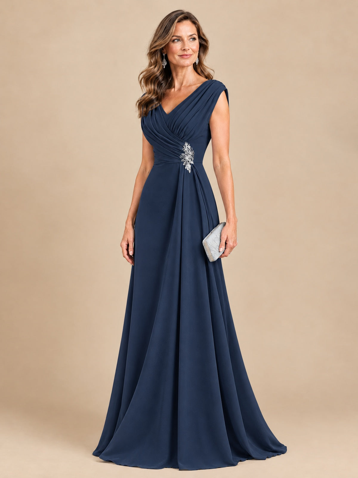 V Neck Pleated Mother of The Bride Dresses with Beading Cap Sleeves