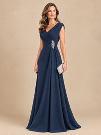 V Neck Pleated Mother of The Bride Dresses with Beading Cap Sleeves