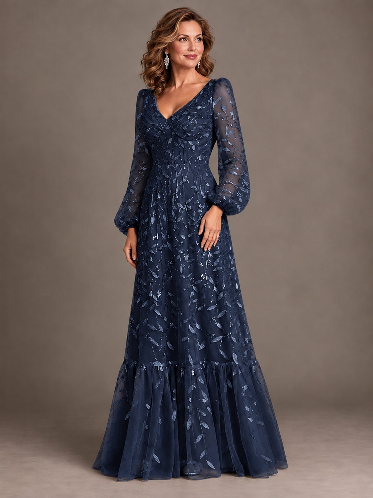 Floral Sequin Embroidered A-Line Mother of the Bride Dress with Long Sleeves