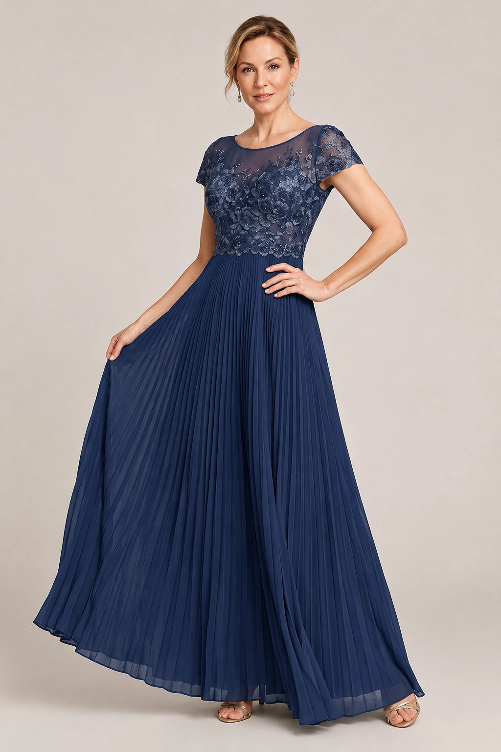 Embroidered Lace Pleated Mother of the Bride Dress