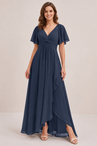 Dusty Blue Chiffon Bridesmaid Dress with Flutter Sleeves & High-Low Hem