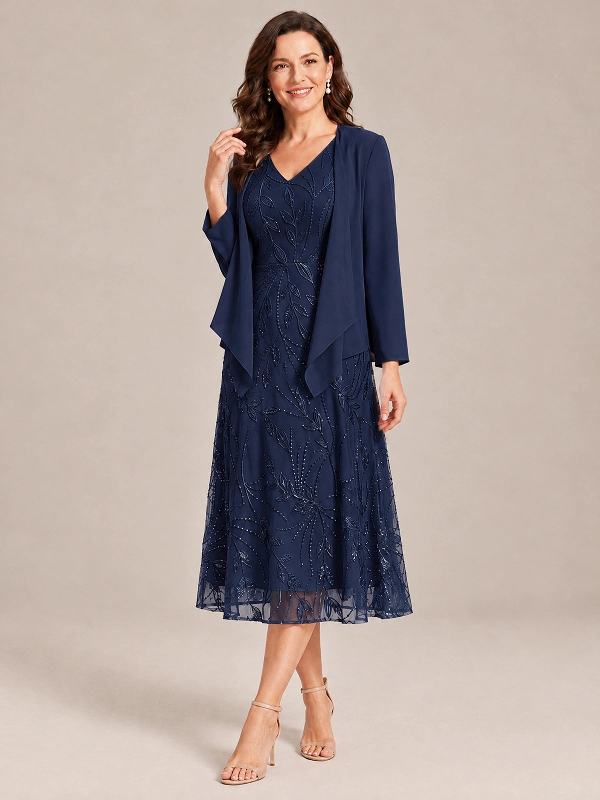Tea Length Sequin Lace Mother of the Bride Dress with Chiffon Jacket