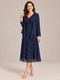 Tea Length Sequin Lace Mother of the Bride Dress with Chiffon Jacket