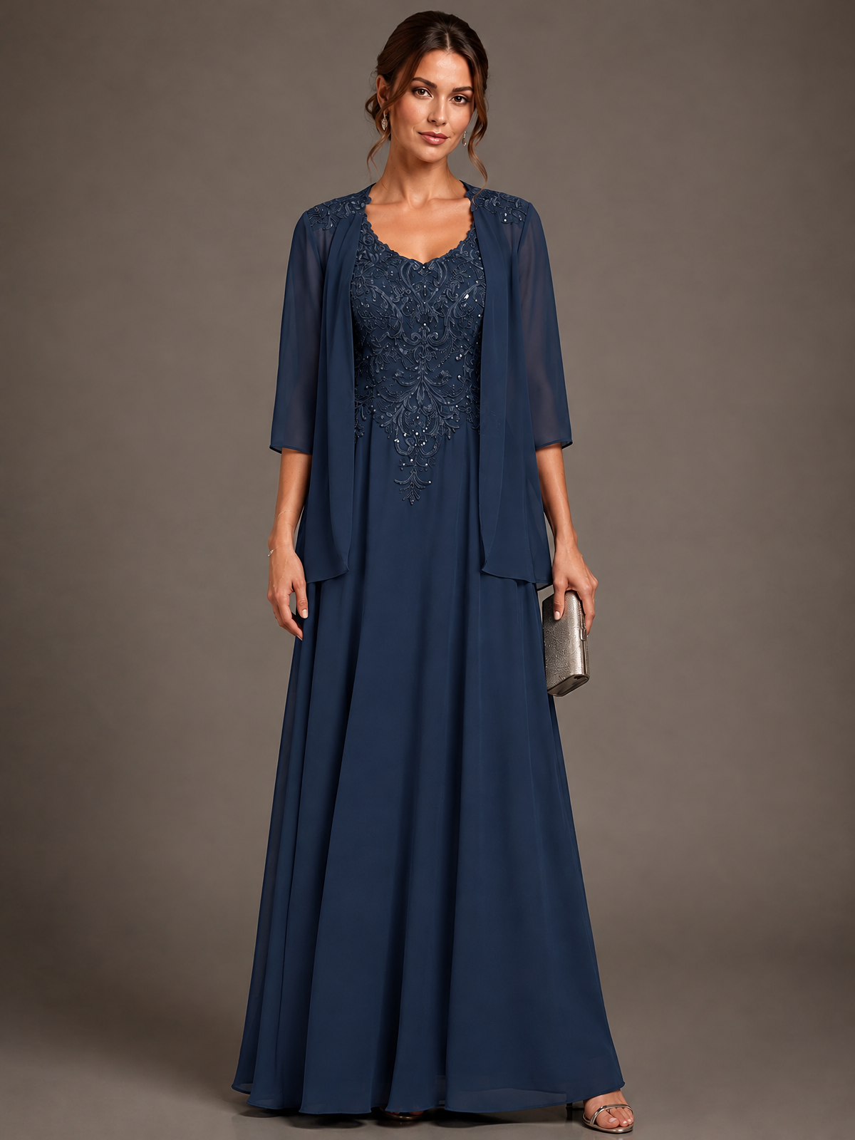 A-line 2 Pieces Chiffon Appliques Mother of The Bride Dresses with Jackets