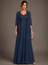 A-line 2 Pieces Chiffon Appliques Mother of The Bride Dresses with Jackets