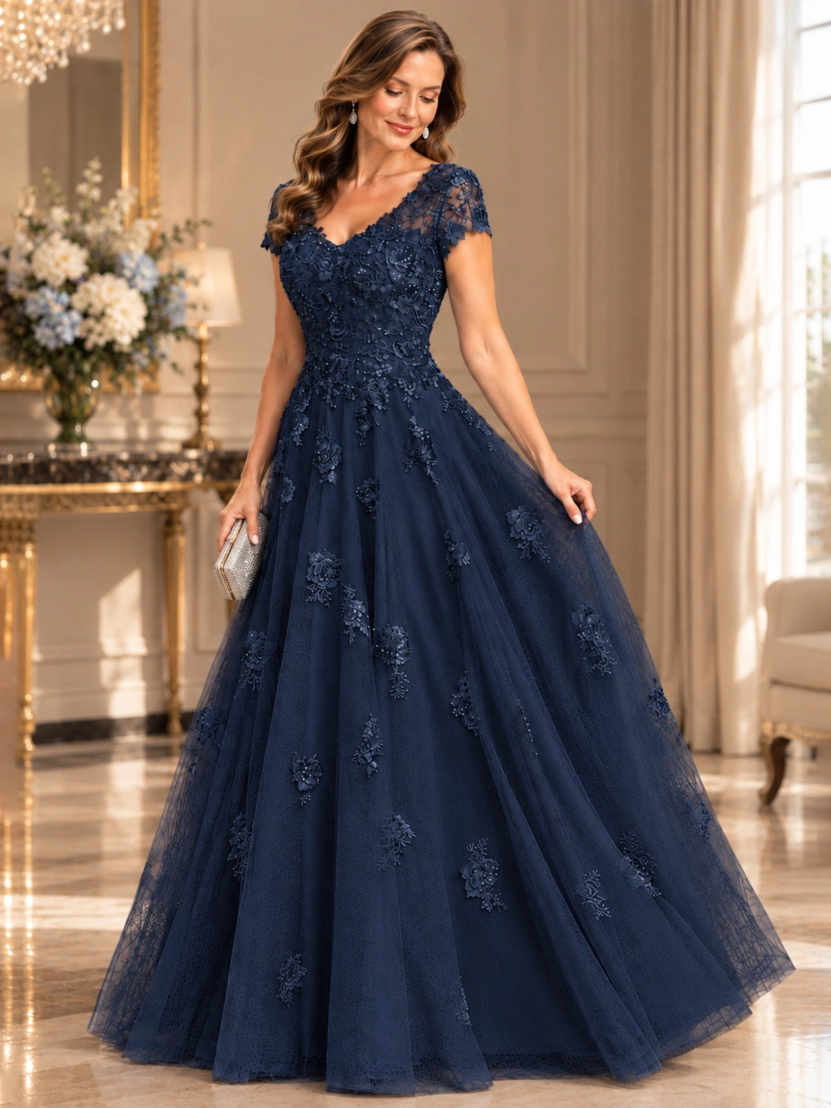 Lace Appliques A-line Mother of The Bride Dresses with Short Sleeves