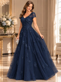 Lace Appliques A-line Mother of The Bride Dresses with Short Sleeves