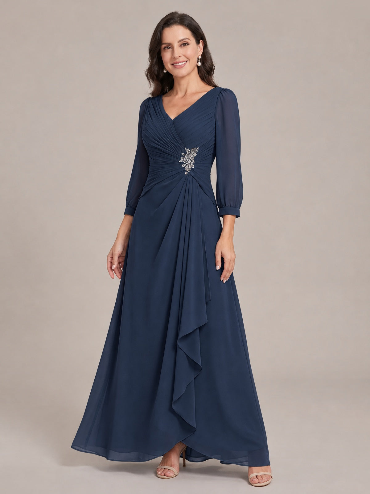 V-Neck Pleated Chiffon Mother of the Bride Dress with Flutter Sleeves