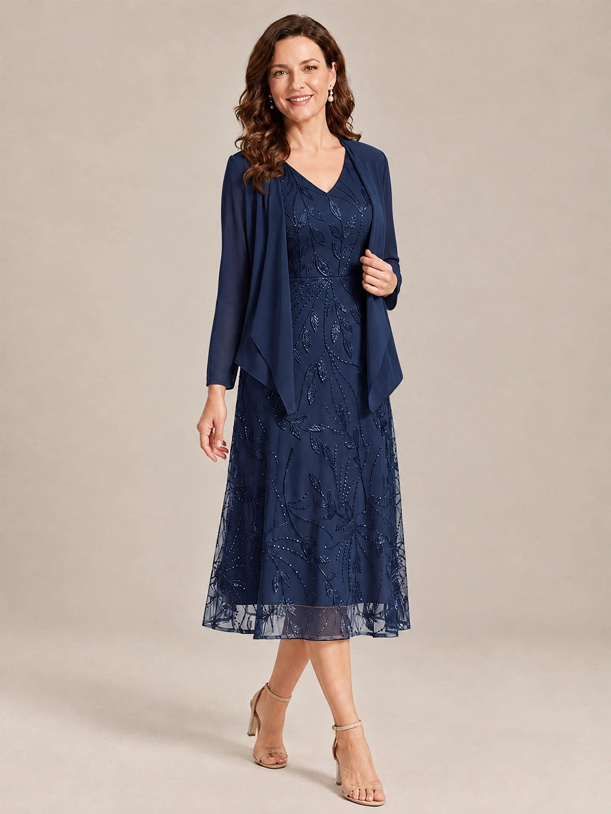Tea Length Sequin Lace Mother of the Bride Dress with Chiffon Jacket