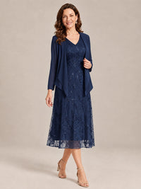 Tea Length Sequin Lace Mother of the Bride Dress with Chiffon Jacket
