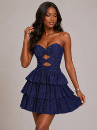 Royal Blue Sequin Strapless Cutout Ruffle Mini Dress