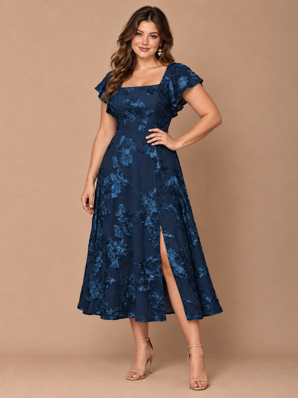 Navy Blue Floral Lace Applique Square Neck A-Line Midi Dress