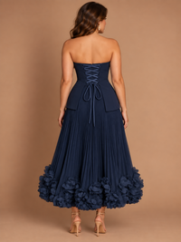 Navy Blue Strapless Pleated A-Line Midi Dress with 3D Floral Applique