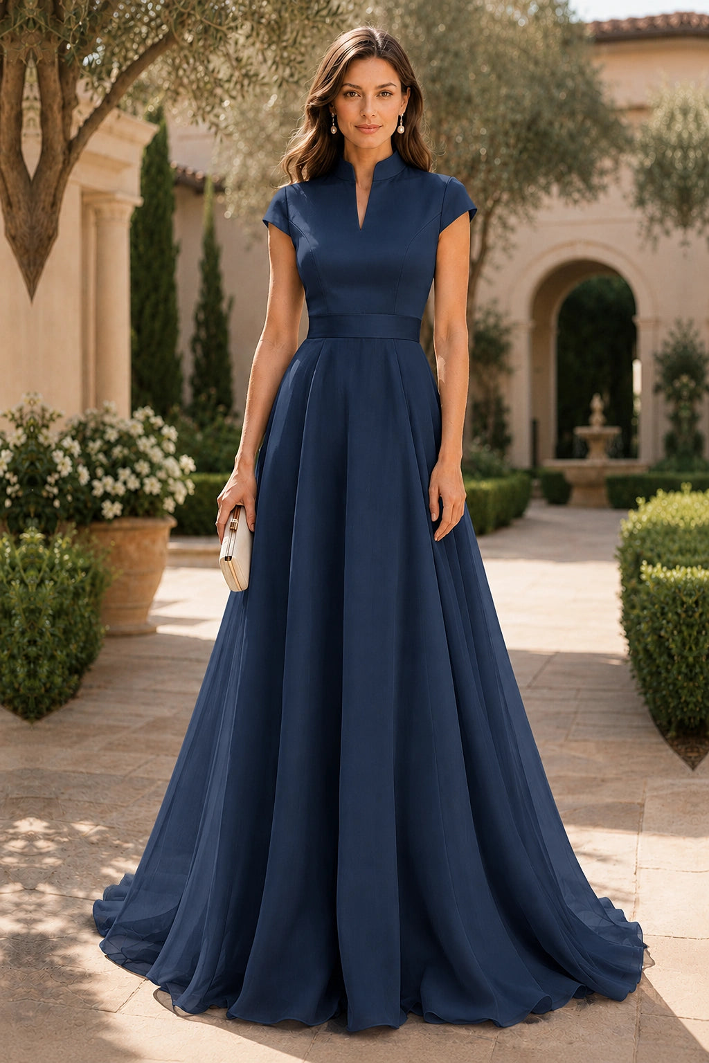 V Neck Cap Sleeve A-Line Floor-Length Satin Bridesmaid Dress