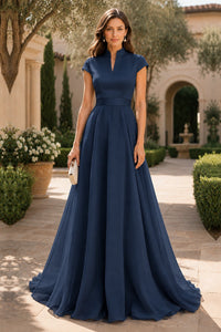 V Neck Cap Sleeve A-Line Floor-Length Satin Bridesmaid Dress
