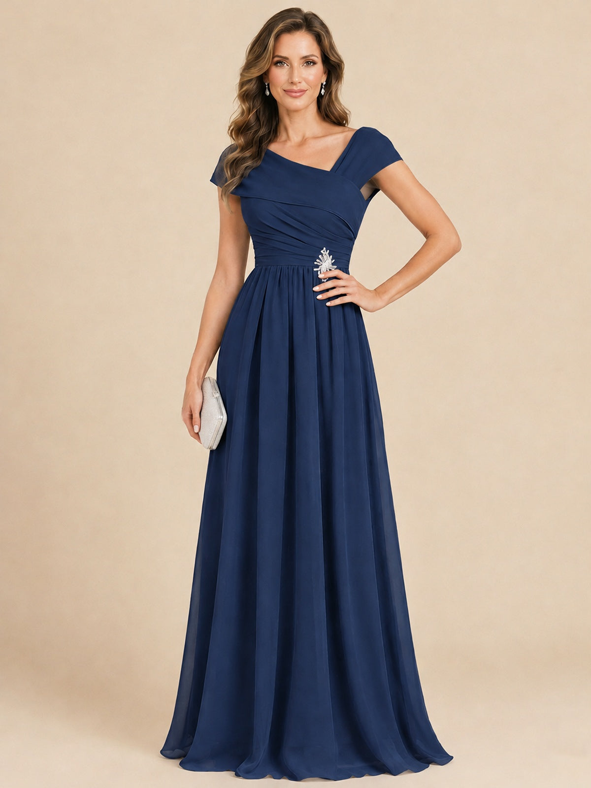 Cap Sleeve Mother of The Bride Dresses Long Chiffon Formal Gowns