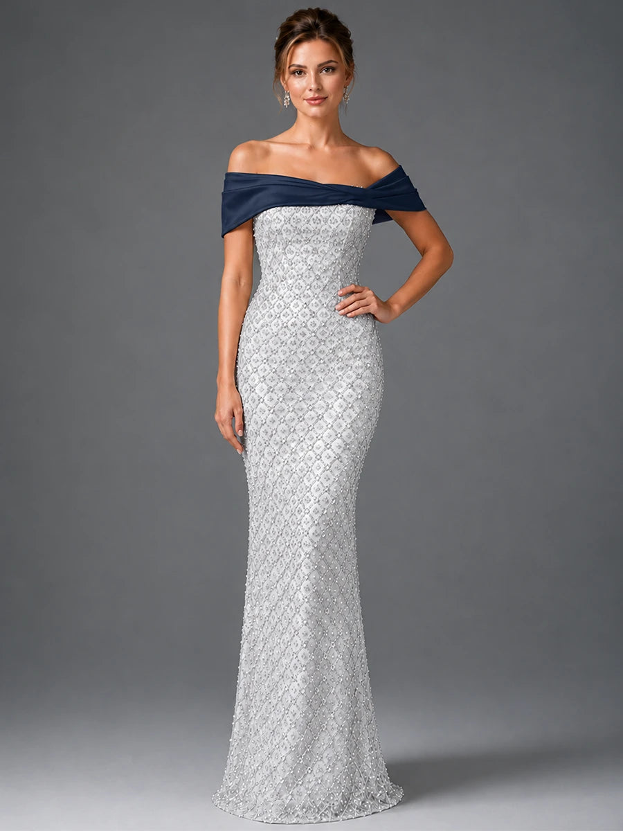 Off-Shoulder Embellished Mermaid Evening Gown with Draped Wrap