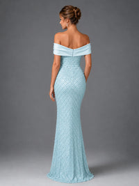 Off-Shoulder Embellished Mermaid Evening Gown with Draped Wrap