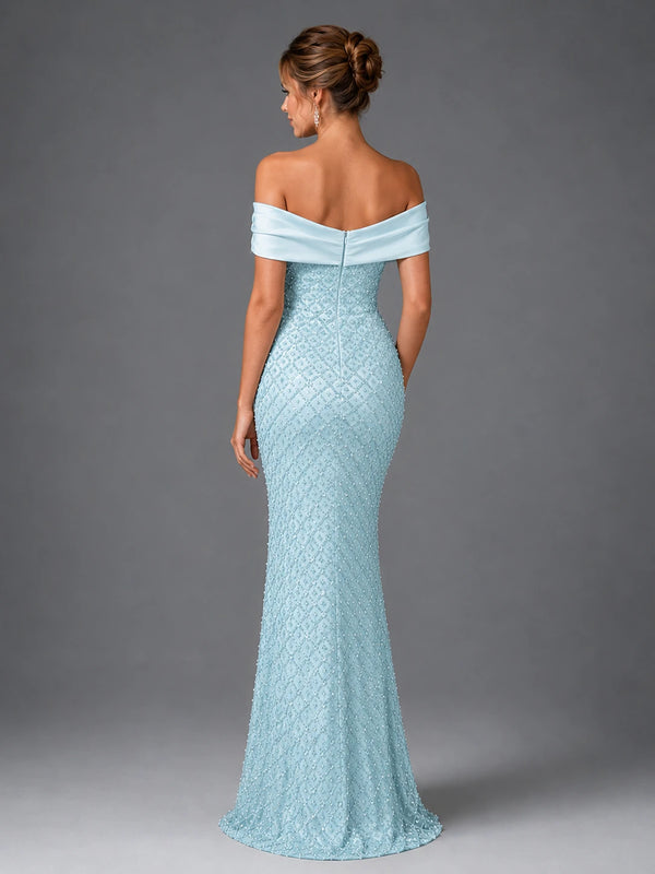 Off-Shoulder Embellished Mermaid Evening Gown with Draped Wrap