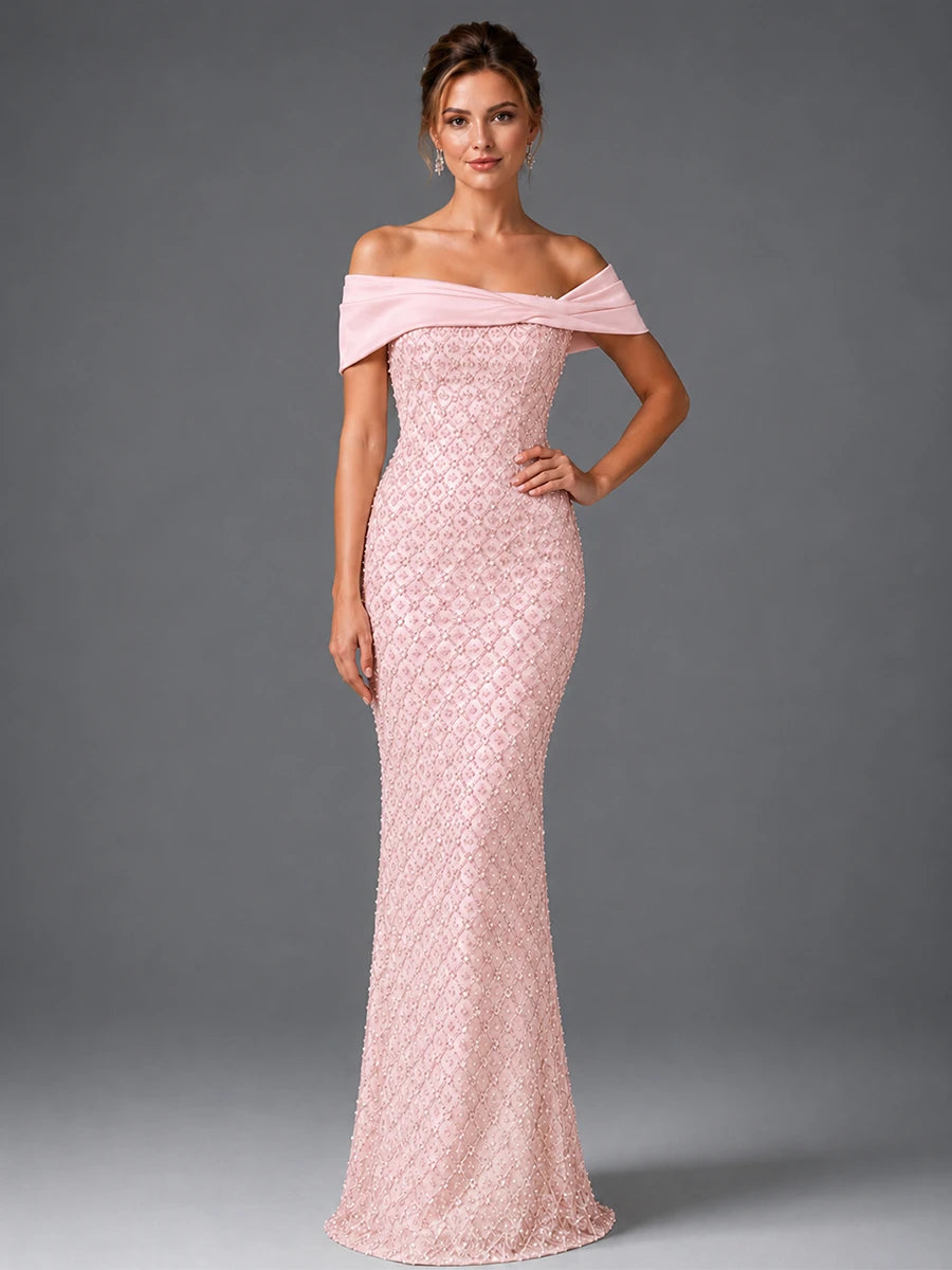 Off-Shoulder Embellished Mermaid Evening Gown with Draped Wrap